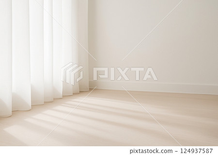 陽光照射進來的白色窗簾和地板的背景 124937587