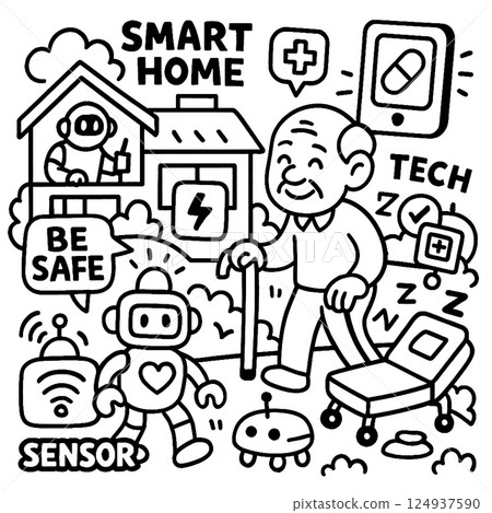 Smart home technology for elderly care illustration 124937590