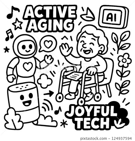 Active aging and joyful tech doodle illustration 124937594