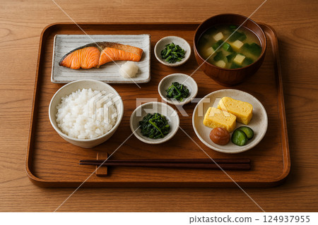 日式早餐套餐，木托盤上的健康食品 124937955