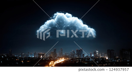 glowing digital cloud hovering over bustling cityscape at night, symbolizing connectivity 124937957