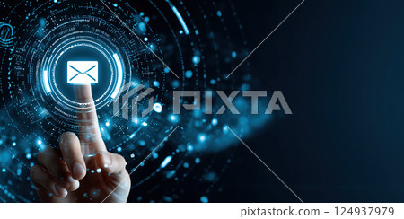 glowing email icon is touched by hand, surrounded by futuristic digital elements 124937979