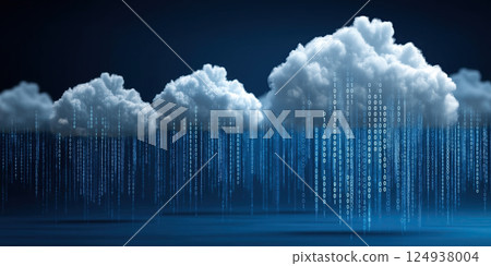 Abstract representation of cloud computing with floating binary code and digital clouds 124938004