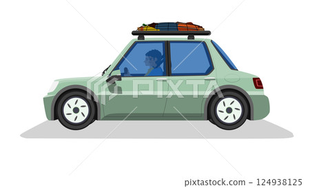 Vector or llustration of detailed side of flat sedan car with driving man and couples. Cartoon car green color. Car roof luggage rack with net cover. Shadow of car on isolated white background. 124938125