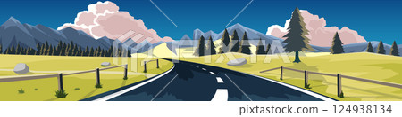 Copy Space Flat Vector Illustration. of curved asphalt road. Two side wooden fence and wide open fields and low mountains. Under blue sky and white pink clouds. Copy Space Flat Vector Illustration. of curved asphalt road. Two side wooden fence and wide open fields and low mountains. Under blue sky and white pink clouds. 124938134