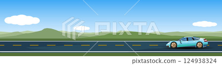 Travels of sedan of sport car with driving for banner. Asphalt road near the meadow with green mountain under clear sky. Copy Space Flat Vector. 124938324