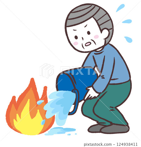 一位老人驚慌失措地救火的插圖 124938411