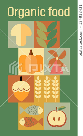 Farm Food and Organic Market Posters, Artisanal. Vegetable abstract geometric pattern. Mosaic scandinavian background. Agriculture and farming background, in Bauhaus style. Farm Food and Organic Market Posters, Artisanal. Vegetable abstract geometric pattern. Mosaic scandinavian background. Agriculture and farming background, in Bauhaus style. 124938431
