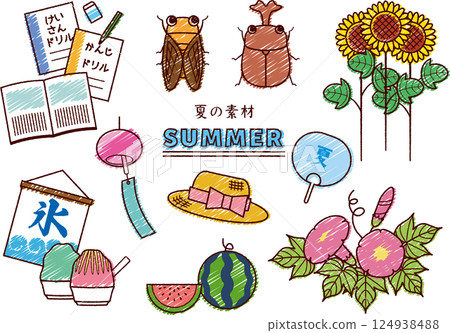 夏季手繪彩色插圖套裝 124938488