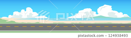 Horizontal and Landscape view of asphalt road with sea beach. Empty road and meadow on sand beach. background of island under white clouds and blue sky. 124938493