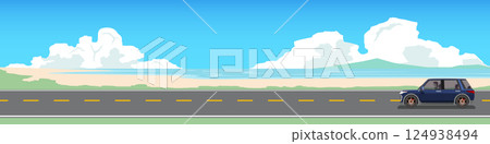 Horizontal view or Landscape view of family car travels on asphalt road near the sand beach. Background with beautiful sandy beach at day. Copy Space Flat Vector Illustration. 124938494
