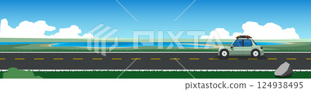 Happy family travels with a classic car for banner. Carrying a rack top roof for travel. Asphalt road near the reservoir. Background with beautiful sandy beach. Copy Space Flat Vector Illustration. Happy family travels with a classic car for banner. Carrying a rack top roof for travel. Asphalt road near the reservoir. Background with beautiful sandy beach. Copy Space Flat Vector Illustration. 124938495