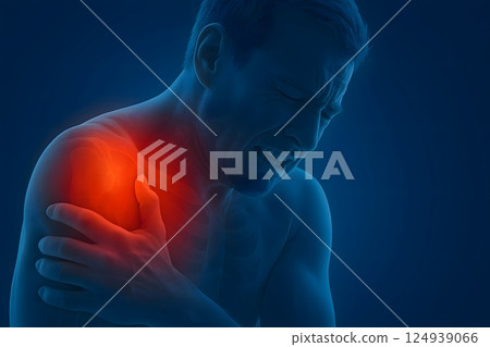 3D Medical Illustration of Shoulder Pain in Male Figure 3D Medical Illustration of Shoulder Pain in Male Figure 124939066