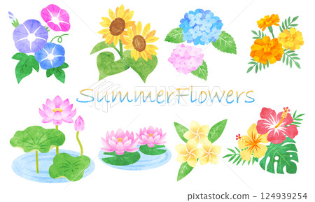 Hand-drawn watercolor summer flower illustration set 124939254