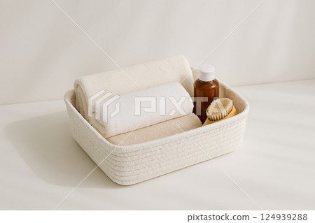 A set of clean towels in a basket 124939288