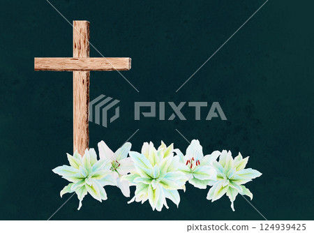 Cross with crown of thorns and white lily garland watercolor composition on dark green background. Illustration perfect for Easter, Holy Thursday, christening baptism, wedding cards invitations design Cross with crown of thorns and white lily garland watercolor composition on dark green background. Illustration perfect for Easter, Holy Thursday, christening baptism, wedding cards invitations design 124939425