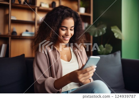 Joyful Young Latin Woman Engaging with Her Phone on a Home Sofa. Generative ai 124939787