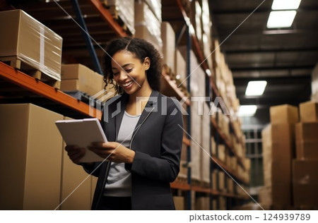 Energetic Young Businesswoman Ready to Ship an Online Order from Warehouse. Generative ai 124939789