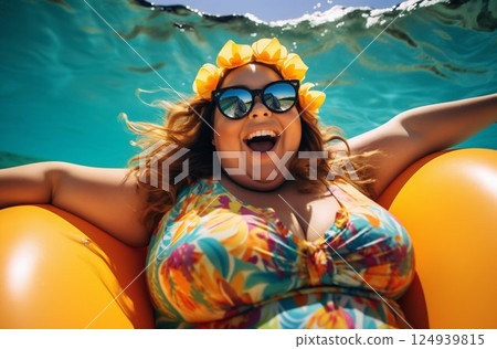 Confident Plus-Size Beauty Radiating Joy in a Bikini. Generative ai 124939815