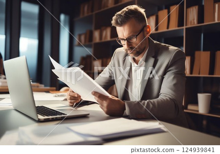 Focused Executive Analyzing Financial Data on Laptop and Documents at Office Desk. Generative ai 124939841