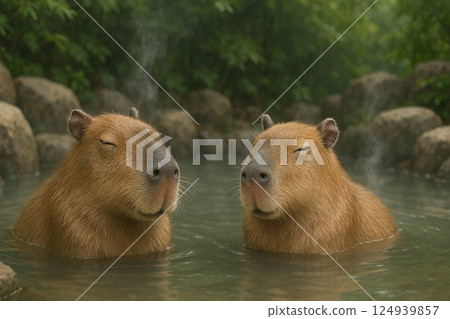 Capybara entering a hot spring 124939857