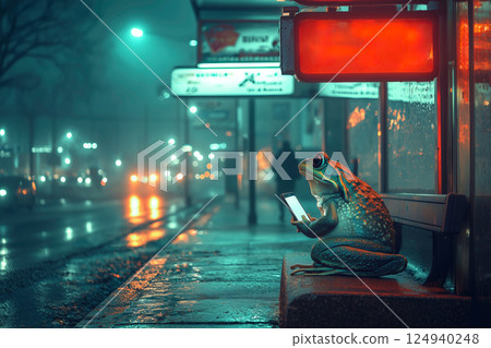 A frog staring at his smartphone waiting for the bus on a foggy night 124940248