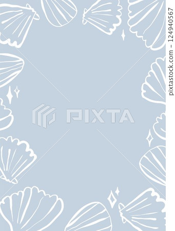 Hand-drawn marine frame with shells and starfish. White vector doodle on light blue background 124940567