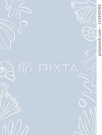 Hand drawn marine frame with seaweed, shells, and bubbles. White vector doodle on light blue Hand drawn marine frame with seaweed, shells, and bubbles. White vector doodle on light blue 124940568