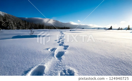 新雪上的足跡－在壯麗的山景和湛藍的天空下，在雪地上漫步的冬季 124940725