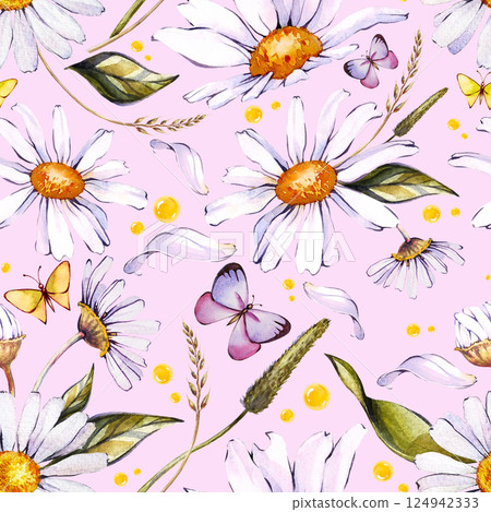 Watercolor floral pattern with white daisies and herbs. Pink seamless background with wildflowers and butterflies. Hand-painted illustration. Watercolor floral pattern with white daisies and herbs. Pink seamless background with wildflowers and butterflies. Hand-painted illustration. 124942333