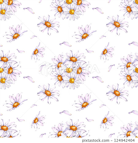 Seamless floral pattern with white daisies. Watercolor background with wildflowers. Hand-painted illustration. Seamless floral pattern with white daisies. Watercolor background with wildflowers. Hand-painted illustration. 124942404
