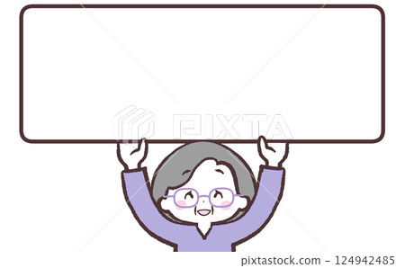 一位戴眼鏡的老年婦女微笑著舉著牌子的圖片 一位戴眼鏡的老年婦女微笑著舉著牌子的圖片 124942485