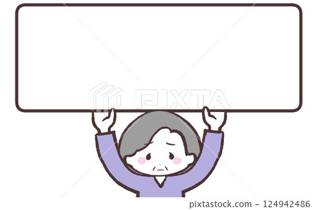 Illustration of a senior woman holding up a sign apologetically 124942486