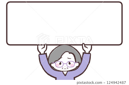 Illustration of a senior woman with glasses holding up a sign apologetically 124942487