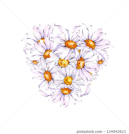 A bouquet of wildflowers on a white background. Watercolor white daisies close-up. Botanical illustration. A bouquet of wildflowers on a white background. Watercolor white daisies close-up. Botanical illustration. 124942621