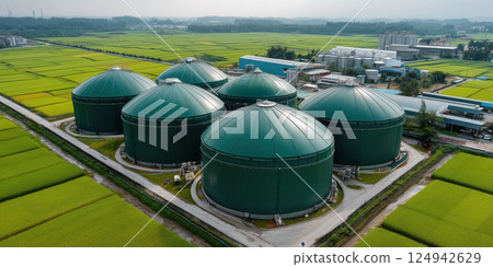 Aerial view of green biogas plant with storage tanks agricultural fields, promoting 124942629