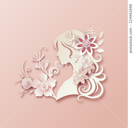 Elegant Paper Cut Woman with Floral Beauty for International Women's Day 124942698