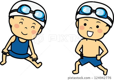 男孩和女孩穿著泳衣做熱身運動 124942776