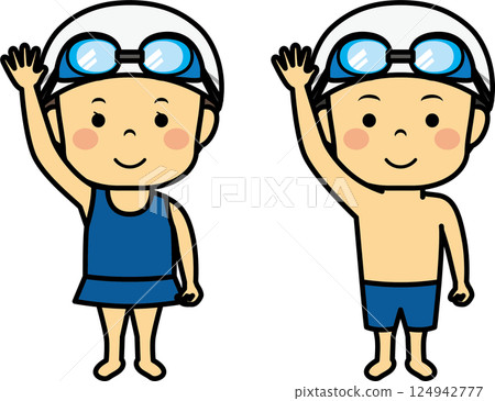 孩子們，男孩和女孩，穿著泳衣舉起手 124942777