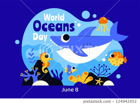 World Oceans Day Vector Illustration to Help Protect and Conserve the Ocean, Marine Life, Ecosystems, and Sea Plants in a Flat Cartoon Background 124942852