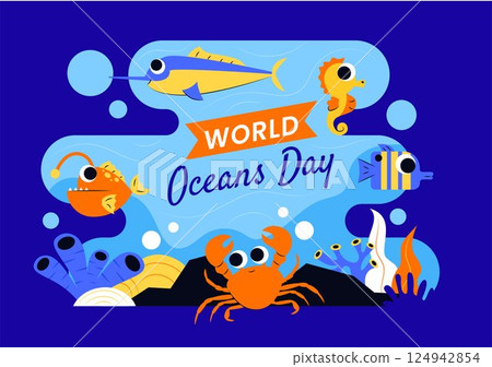 World Oceans Day Vector Illustration to Help Protect and Conserve the Ocean, Marine Life, Ecosystems, and Sea Plants in a Flat Cartoon Background 124942854