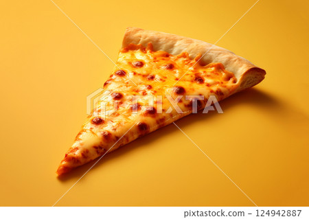 A close-up of a cheesy pizza slice with melted goodness, set against a vibrant yellow background. The bold colors and mouth-watering details 124942887
