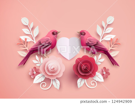 Romantic Birds and Roses in Paper Art Style 124942909