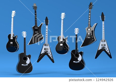 Set of electric acoustic guitars isolated on blue background. 3d render of concept for rock festival poster with heavy metal guitar for music shop Set of electric acoustic guitars isolated on blue background. 3d render of concept for rock festival poster with heavy metal guitar for music shop 124942926