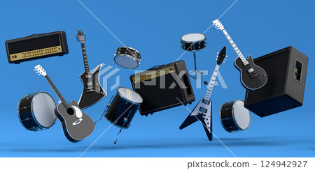 Set of electric acoustic guitars, amplifiers and drums with metal cymbals on blue background. 3d render of musical percussion instrument, drum machine and drumset with heavy metal guitar 124942927
