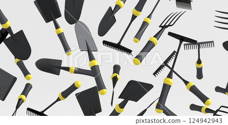 Many of flying garden shovel, pitchfork and rake on white background. 3d render of garden tool and equipment for farm, summer camping Many of flying garden shovel, pitchfork and rake on white background. 3d render of garden tool and equipment for farm, summer camping 124942943