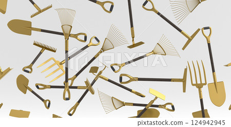 Many of flying garden shovel, pitchfork and rake on white background. 3d render of garden tool and equipment for farm, summer camping 124942945