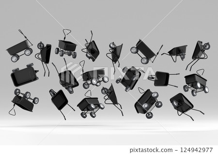 Many of flying garden wheelbarrows on white background. Handcart or cart with bags. 3d render of farm gardening tool for carriage of cargoes. 124942977