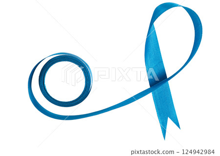 Blue ribbon spool with flowing ends on white background Blue ribbon spool with flowing ends on white background 124942984