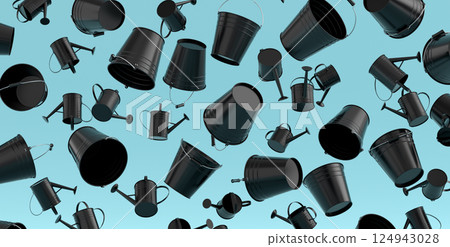 Many of flying garden buckets for hydration of plants on blue background. 3d render of care and hydration of plants Many of flying garden buckets for hydration of plants on blue background. 3d render of care and hydration of plants 124943028